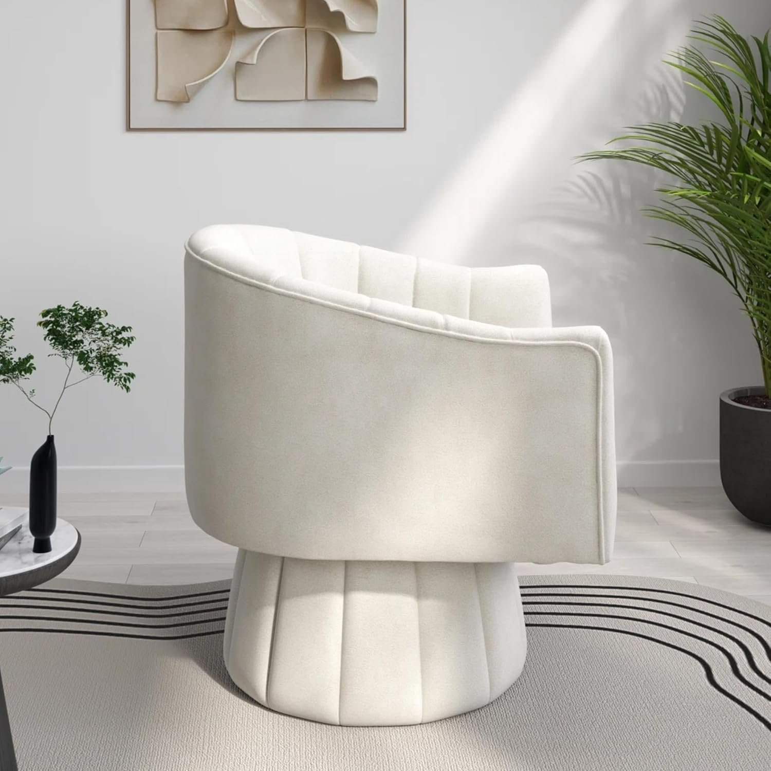 KUSTOMDECO 360° Swivel Velvet Barrel Accent Chair | Mid-Century Round Sofa Chair with Upholstered Cushion armchair for living room, Bedroom, Office, Small, Pumpkin Design (Beige) - Image 3