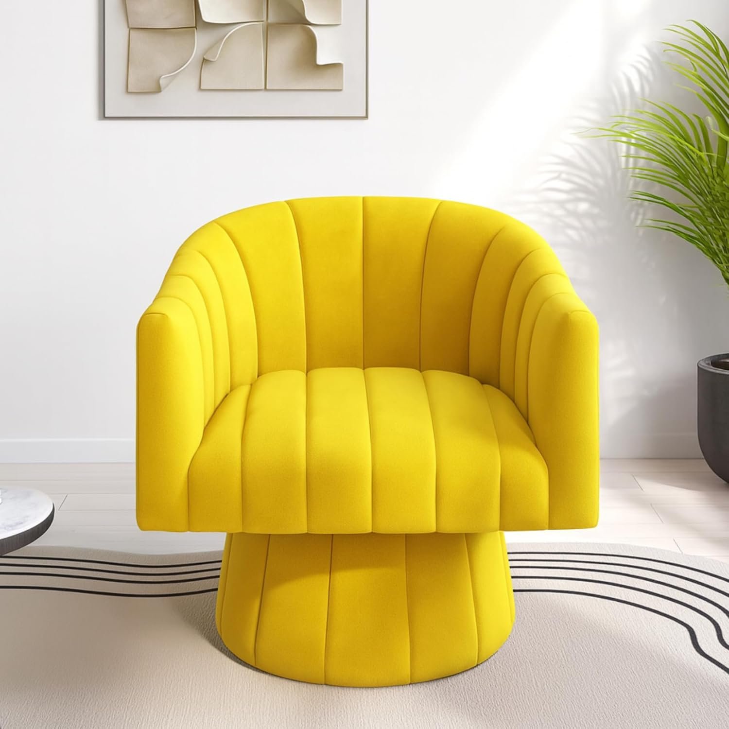KUSTOMDECO 360° Swivel Velvet Barrel Accent Chair | Mid-Century Round Sofa Chair with Upholstered Cushion armchair for living room, Bedroom, Office, Small, Pumpkin Design (Beige) - Image 7