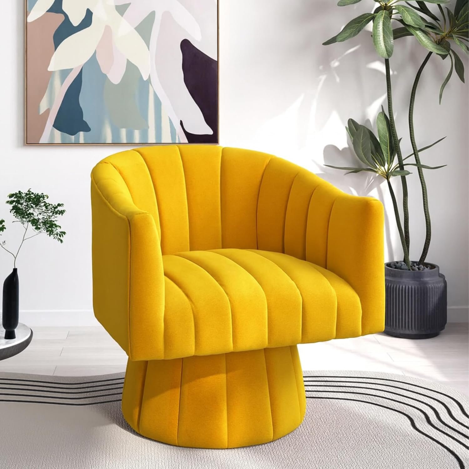 KUSTOMDECO 360° Swivel Velvet Barrel Accent Chair | Mid-Century Round Sofa Chair with Upholstered Cushion armchair for living room, Bedroom, Office, Small, Pumpkin Design (Beige) - Image 9