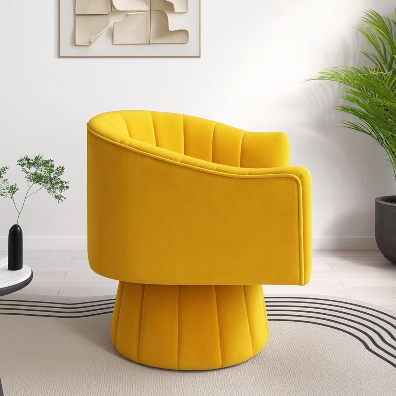 KUSTOMDECO 360° Swivel Velvet Barrel Accent Chair | Mid-Century Round Sofa Chair with Upholstered Cushion armchair for living room, Bedroom, Office, Small, Pumpkin Design (Beige) - Image 10