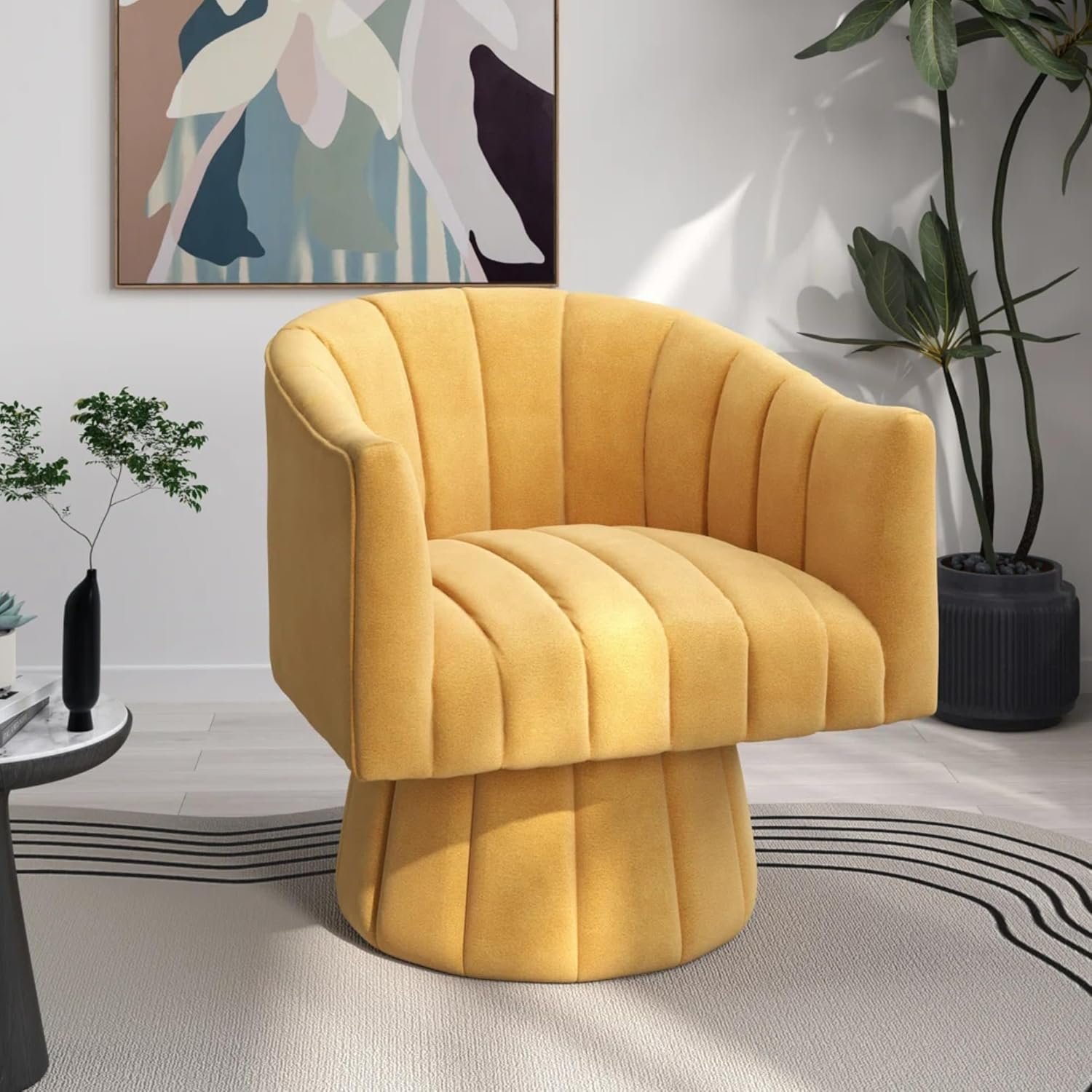 KUSTOMDECO 360° Swivel Velvet Barrel Accent Chair | Mid-Century Round Sofa Chair with Upholstered Cushion armchair for living room, Bedroom, Office, Small, Pumpkin Design (Beige) - Image 14