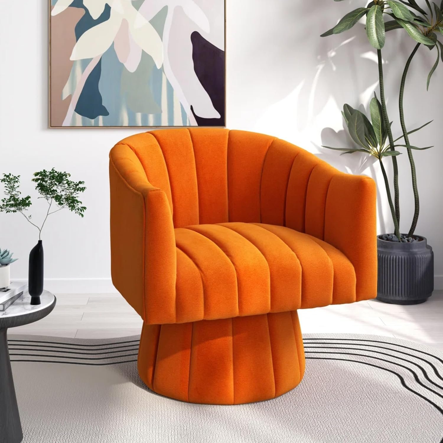 KUSTOMDECO 360° Swivel Velvet Barrel Accent Chair | Mid-Century Round Sofa Chair with Upholstered Cushion armchair for living room, Bedroom, Office, Small, Pumpkin Design (Beige) - Image 19