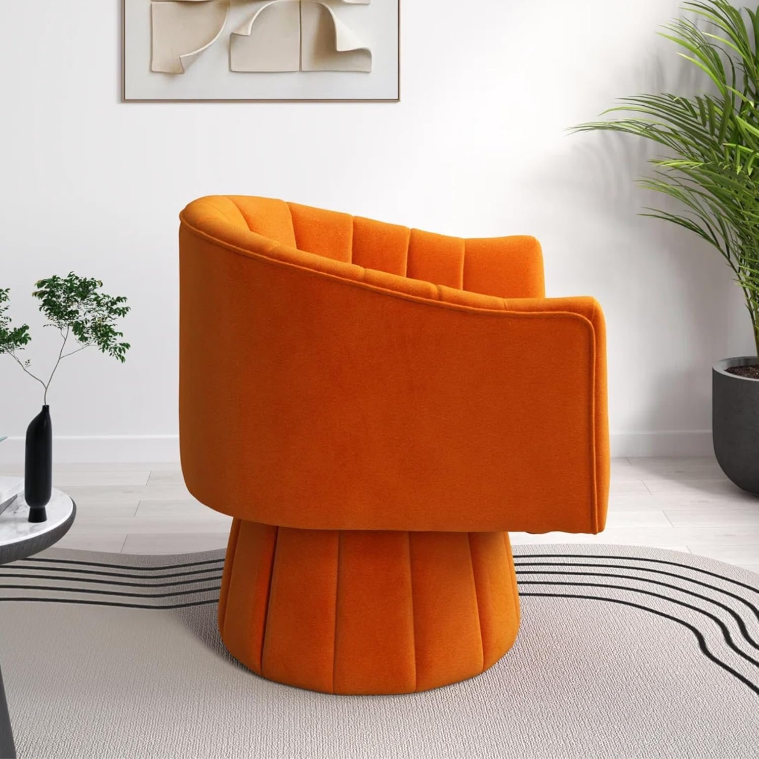 KUSTOMDECO 360° Swivel Velvet Barrel Accent Chair | Mid-Century Round Sofa Chair with Upholstered Cushion armchair for living room, Bedroom, Office, Small, Pumpkin Design (Beige) - Image 20