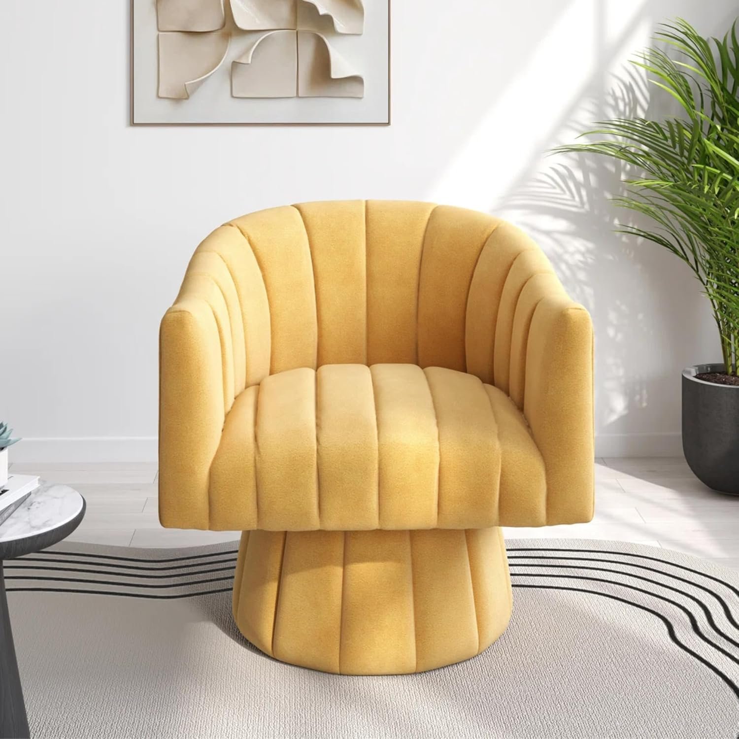 KUSTOMDECO 360° Swivel Velvet Barrel Accent Chair | Mid-Century Round Sofa Chair with Upholstered Cushion armchair for living room, Bedroom, Office, Small, Pumpkin Design (Orange) - Image 20