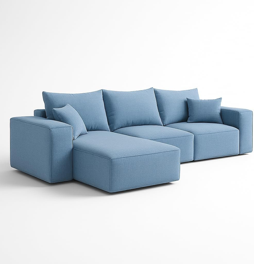 KUSTOMDECO 3 Seater L-Shaped Sectional Sofa with Cushions | Comfortable Living Room Furniture | Balcony furniture Sofa with Pillows | Modern Design (Powder Blue)