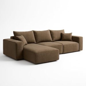 KUSTOMDECO 3 Seater L-Shaped Sectional Sofa with Cushions | Comfortable Living Room Furniture | Balcony furniture Sofa with Pillows | Modern Design (Warm Camel Beige)