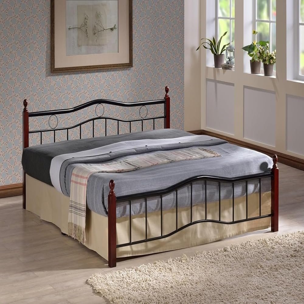 Karnak Home Wood And Steel Bed KH-6888- With Wooden Legs Cherry Brown (190L x 90W x 15H centimeters)