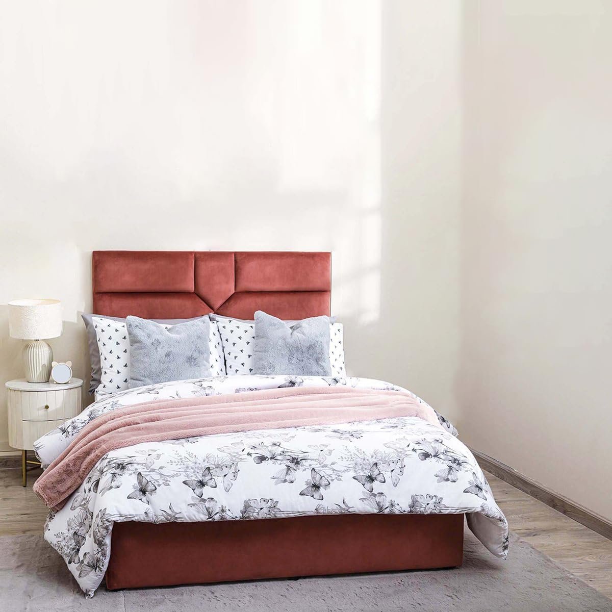 Karnak Estella Premium Upholstered Velvet Bed Frame Bedroom Furniture Strong And Sturdy Modern Design Wooden Bed | Quiet & Comfortable Bed (USA - Queen 150x200cm, Pink) - Image 2