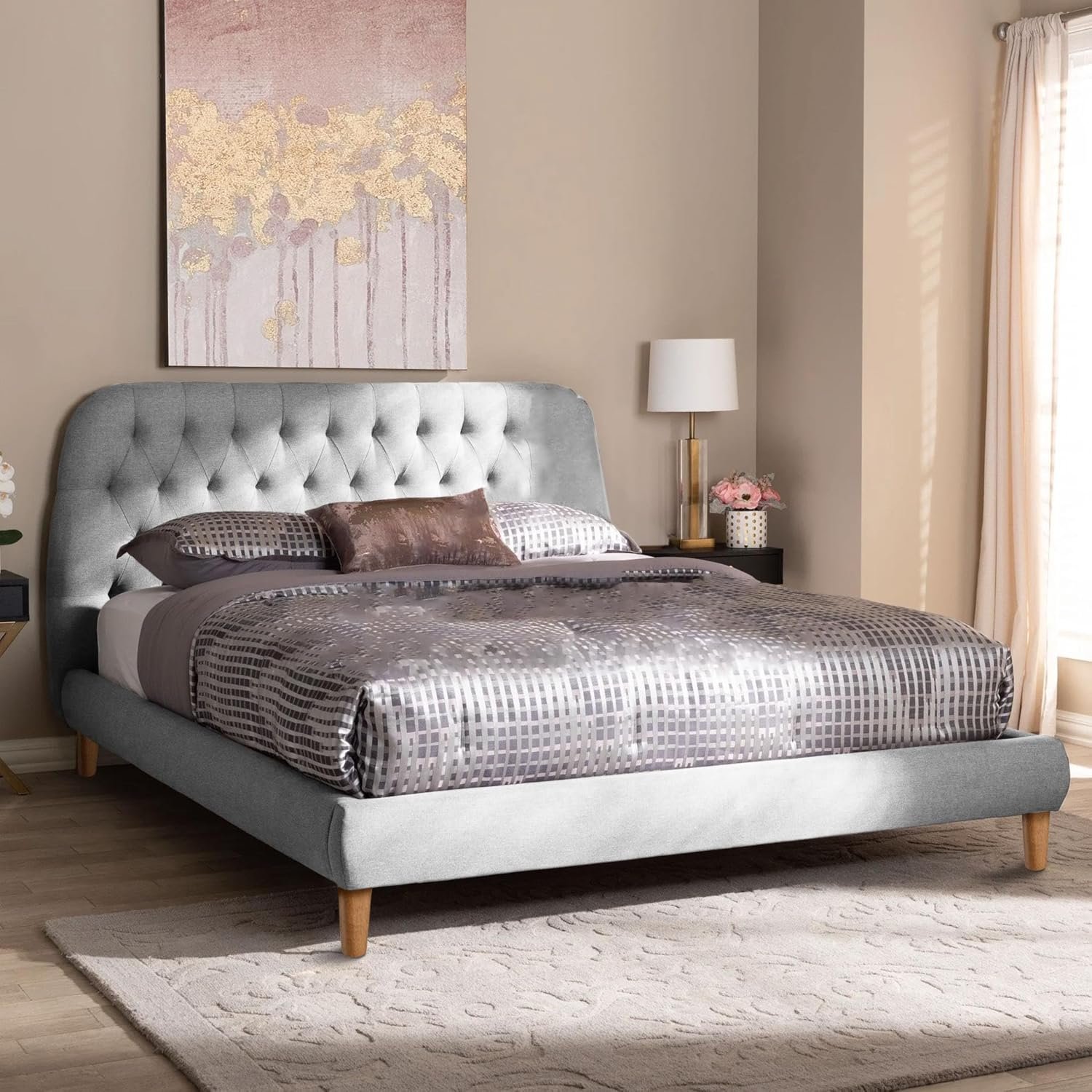 Karnak Arko Platform Button Tufted Upholstered Bed Frame Bedroom Furniture Strong And Sturdy Comfortable Bed With Free Installation Size (120x200cm, Grey)