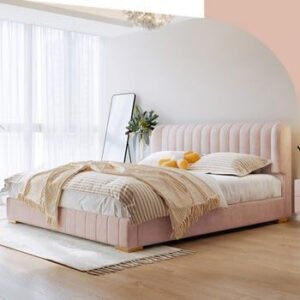 LUXURY LUXE Velvet Modern Bed Frame Without Storage – Scandinavian Modern Minimalist Design, Premium Bedroom Furniture (Pink, 160 x 200 cm (Without Mattress))