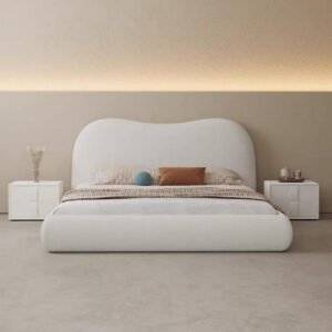 Luxury Luxe Fleece Fabric King Queen Bed Frame with Mattress | Beige Upholstered Platform Bed | Solid Wood Structure | (W120-200xL200 cm) ((120 x 200 cm) Without Mattress)