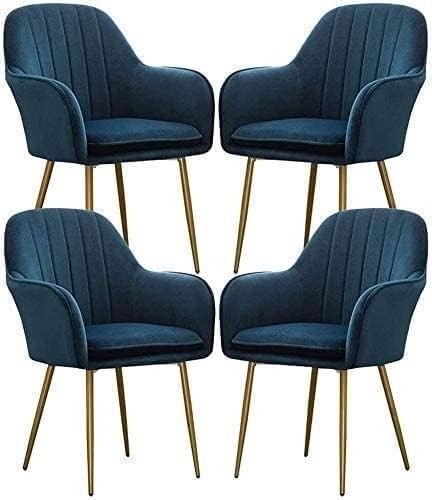 Luxury Luxe Modern Velvet Dining Chairs Set of 4 – Ergonomic Padded Kitchen Chairs with Metal Legs, Armrests & Backrest, Pink Accent Chairs for Living Room & Dining Room (Blue)