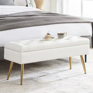 Luxury Luxe White Faux Leather Storage Ottoman Bench – Modern Tufted Bedroom Bench with Gold Chrome Legs for End of Bed or Entryway, Easy Assembly, Holds 300 lbs