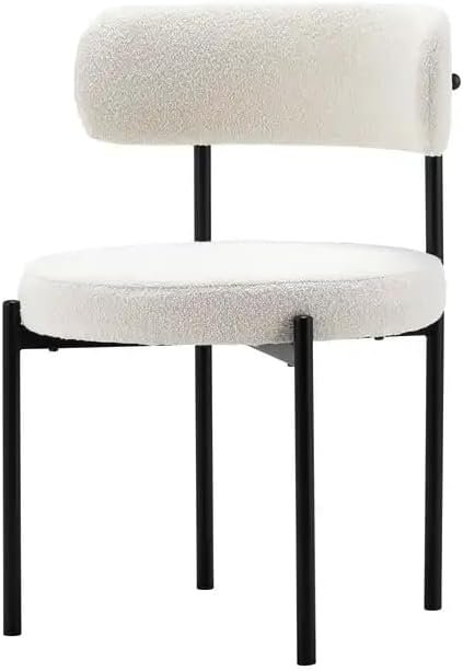 Luxury Luxe Modern Medium Back Dining Chair – Off-White Lamb Wool Upholstery, High-Density Sponge & Ergonomic Curved Backrest – Matte Black Metal Legs for Restaurant, Hotel, Office Visitor (White)