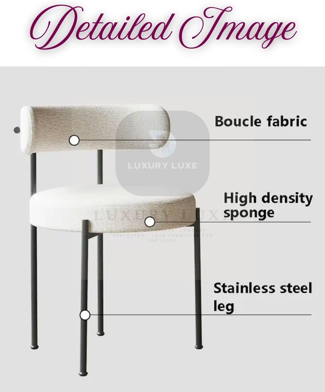 Luxury Luxe Modern Medium Back Dining Chair – Off-White Lamb Wool Upholstery, High-Density Sponge & Ergonomic Curved Backrest – Matte Black Metal Legs for Restaurant, Hotel, Office Visitor (White) - Image 4