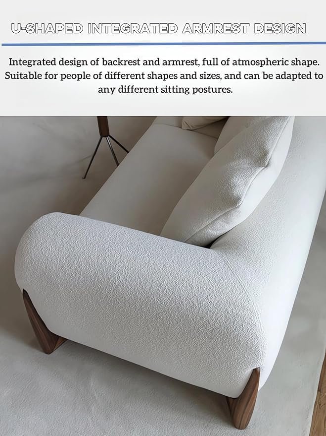 Modern Minimalist Sectional Sofa, Cream White Wool Plush with Memory Foam, Walnut Wood Legs, 175x98x72 cm - Image 3