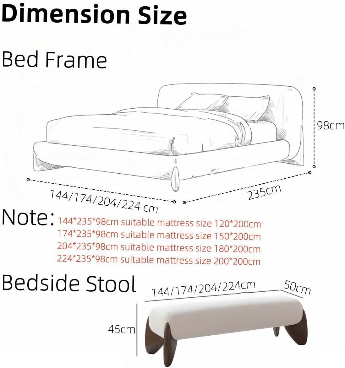 Luxury Luxe Fleece Fabric Bed Frame with Upholstered Headboard - Solid Wood Structure, No Assembly Needed - Beige (W120xL200 to W200xL200 cm) (180 x 200 cm With Euro Pillow Top Mattress) - Image 2