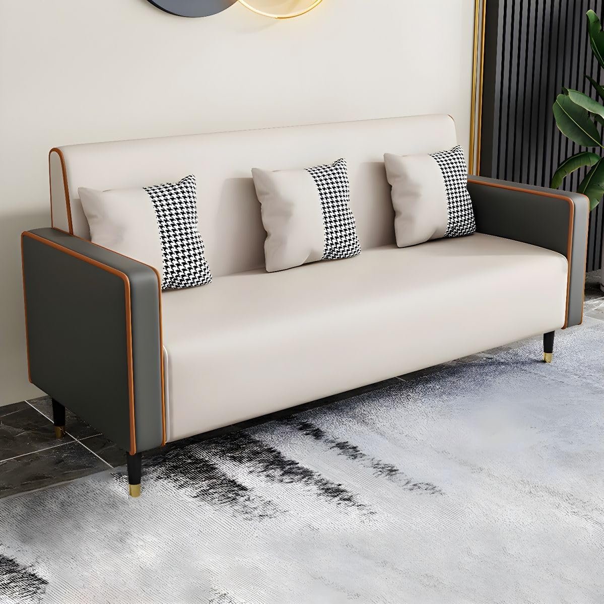 Luxury Luxe Modern Stain-Resistant Faux Leather Sofa, 3-Seat, Square Arms, Tight Back, Wood Frame, Includes 3 Pillows (Beige Grey)