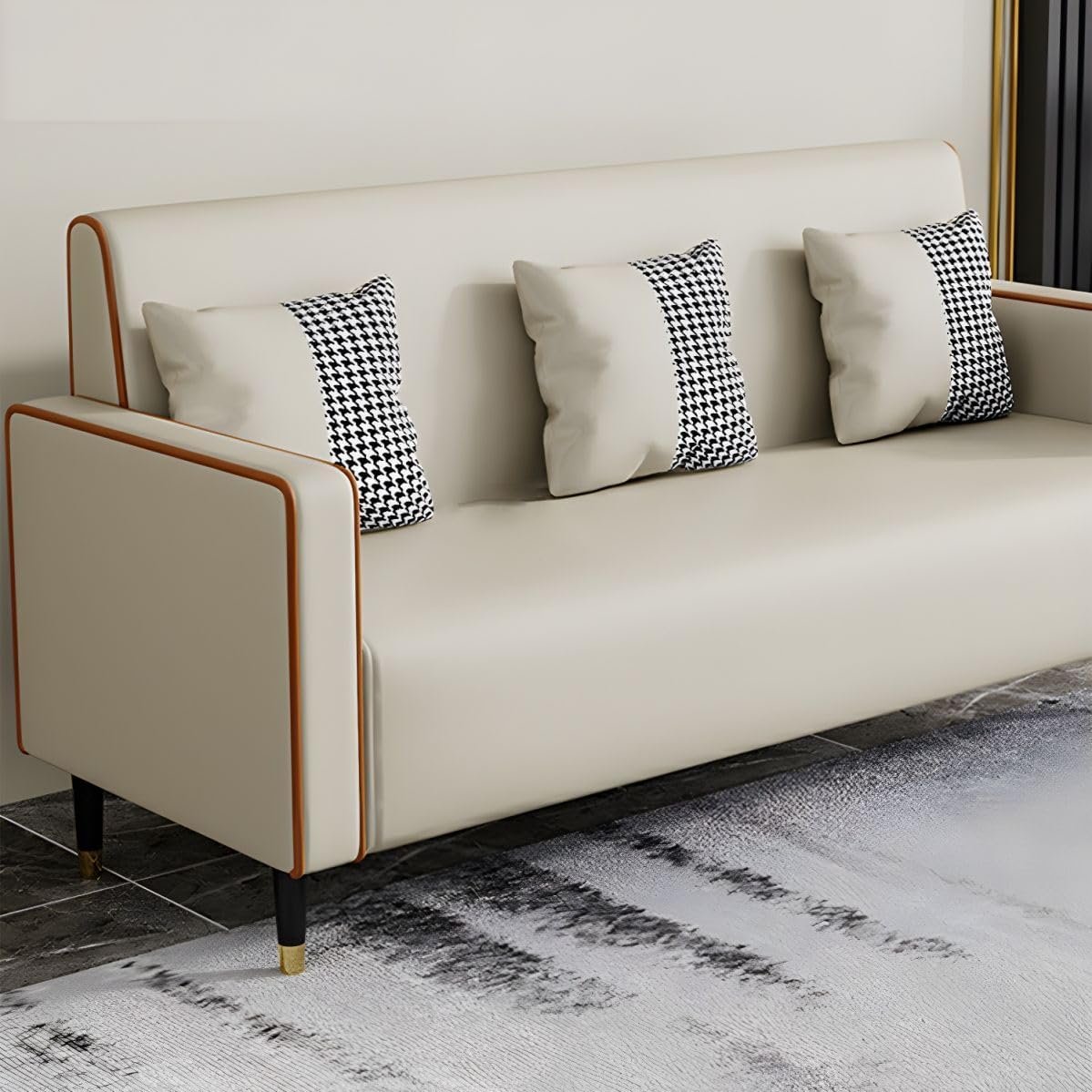 Luxury Luxe Modern Stain-Resistant Faux Leather Sofa, 3-Seat, Square Arms, Tight Back, Wood Frame, Includes 3 Pillows (Beige Grey) - Image 2