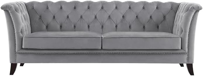Luxury Luxe Chesterfield 3-Seater Sofa - Tufted Velvet Upholstery, Solid Eucalyptus Frame, American Traditional Canapé for Living Room & Hotels (Grey)