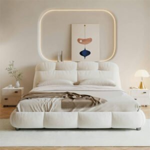 Luxury Luxe Velvet Upholstered King Queen Size Bed Frame with Mattress - Modern Off-White Bedroom Furniture, Suitable for Mattress (150 x 200 cm Without Mattress)