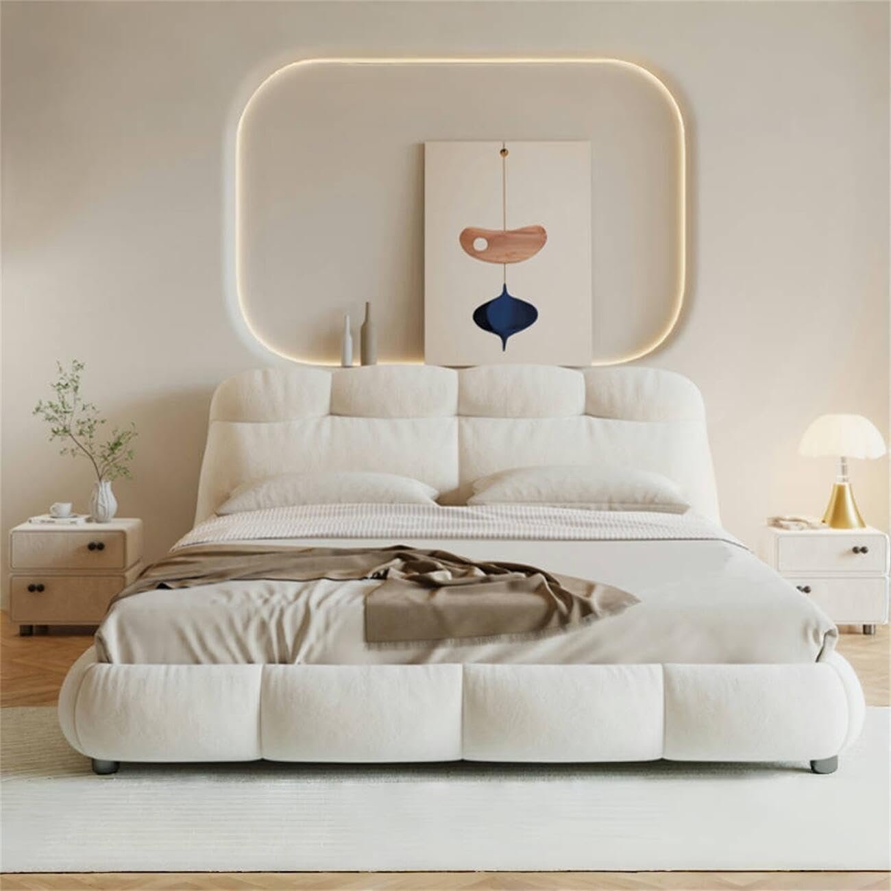 Luxury Luxe Velvet Upholstered King Queen Size Bed Frame with Mattress - Modern Off-White Bedroom Furniture, Suitable for Mattress (150 x 200 cm Without Mattress)