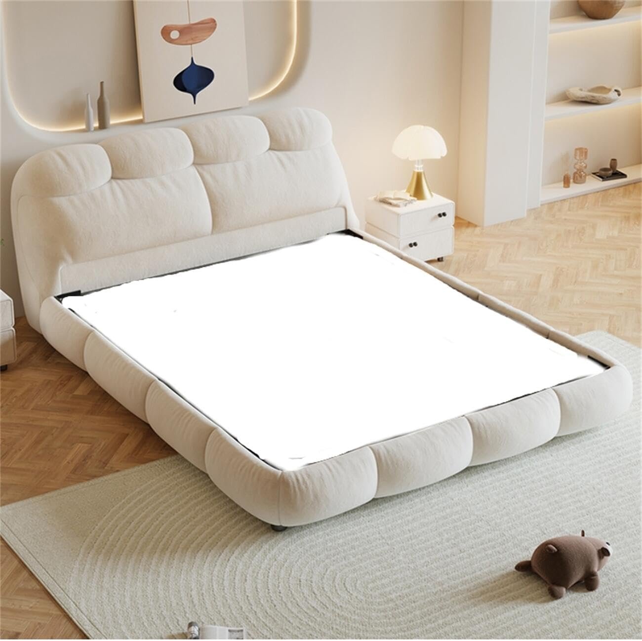 Luxury Luxe Velvet Upholstered King Queen Size Bed Frame with Mattress - Modern Off-White Bedroom Furniture, Suitable for Mattress (150 x 200 cm Without Mattress) - Image 3