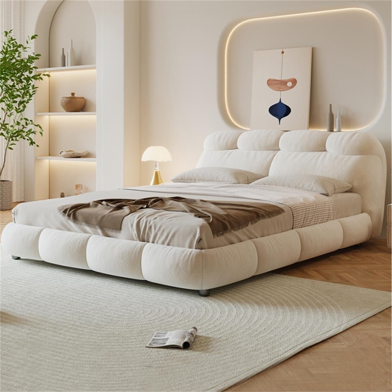 Luxury Luxe Velvet Upholstered King Queen Size Bed Frame with Mattress - Modern Off-White Bedroom Furniture, Suitable for Mattress (150 x 200 cm Without Mattress) - Image 4