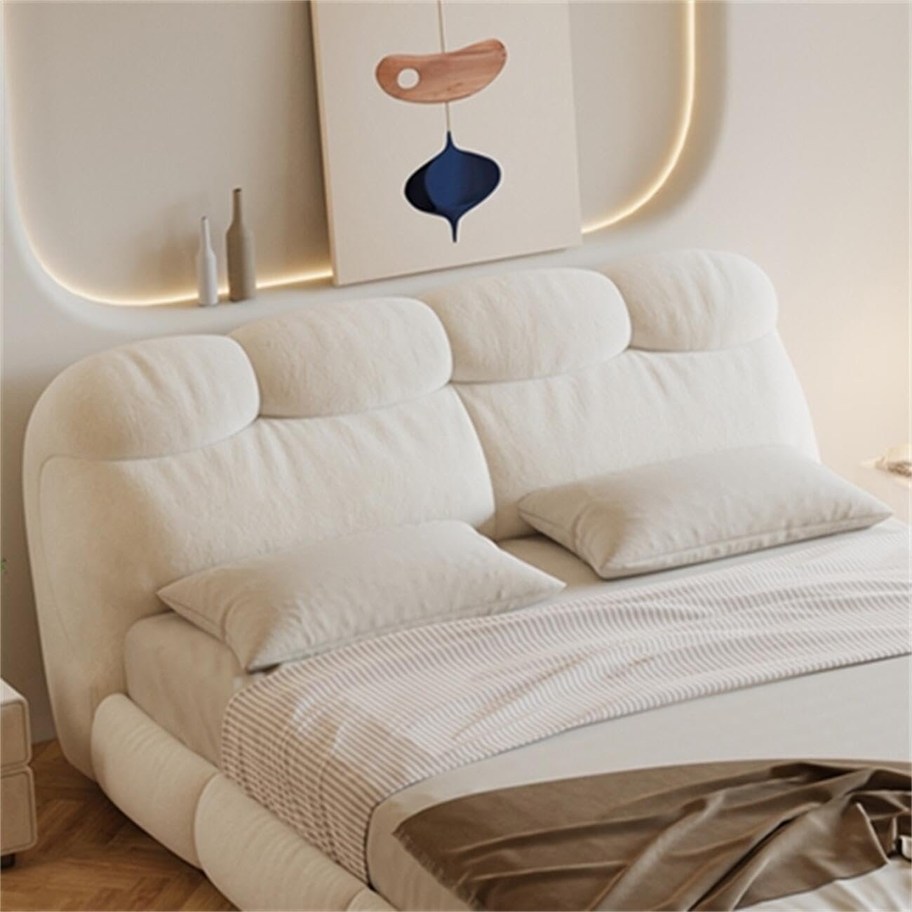 Luxury Luxe Velvet Upholstered King Queen Size Bed Frame with Mattress - Modern Off-White Bedroom Furniture, Suitable for Mattress (150 x 200 cm Without Mattress) - Image 5