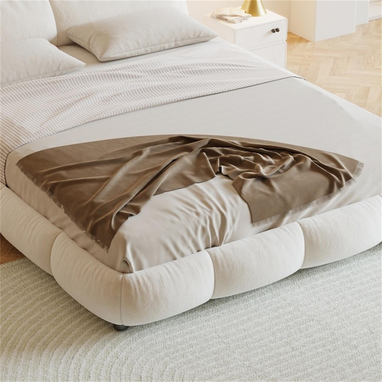 Luxury Luxe Velvet Upholstered King Queen Size Bed Frame with Mattress - Modern Off-White Bedroom Furniture, Suitable for Mattress (150 x 200 cm Without Mattress) - Image 6