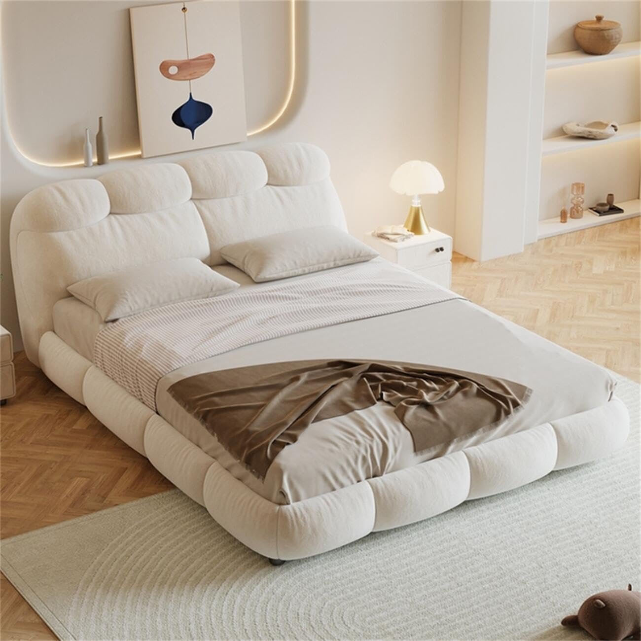 Luxury Luxe Velvet Upholstered King Queen Size Bed Frame with Mattress - Modern Off-White Bedroom Furniture, Suitable for Mattress (150 x 200 cm Without Mattress) - Image 7