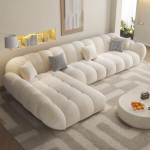 Luxury Luxe L-Shape Fleece Overstuffed Sectional Sofa Set | Off White | Modular Corner Sofa + Single Seater + Footstool for Living Room & Office (Left Corner L Shape Only)