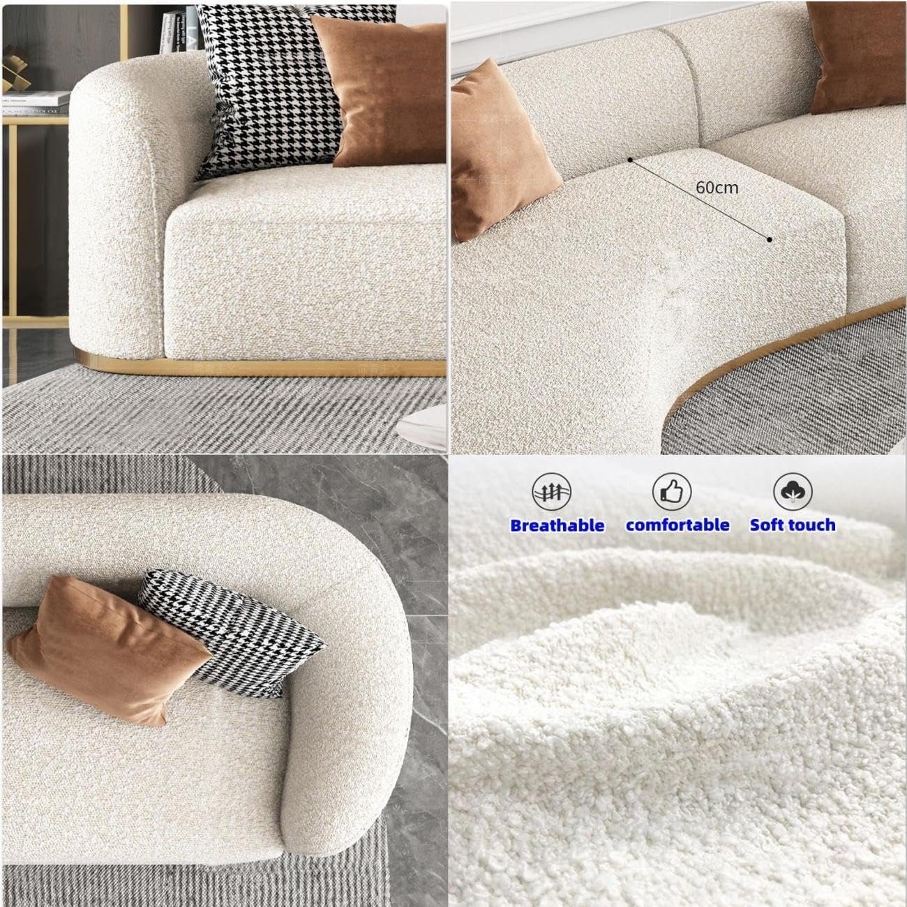 Luxury Luxe Arc-Shaped Sofa Set – Overstuffed Fleece Fabric Couch for Living Room & Office | High-Density Foam, Solid Wood Frame, Modern Curved Design (Beige, W340 x H70 x D80 cm) - Image 8