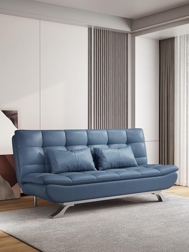 Luxury Luxe Premium Leather Sofa Cum Bed – Convertible Sleeper Couch with 2 Plush Cushions, Space-Saving Folding Design & Sturdy Metal Legs for Modern Living Room (BLUE)