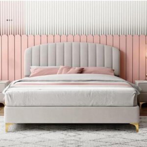 Luxury Luxe Modern Velvet King Queen Size Bed Frame with Mattress | Off-White Upholstered Platform Bed | Premium Bedroom Furniture (Bed Without Mattress (180 x 200 cm))