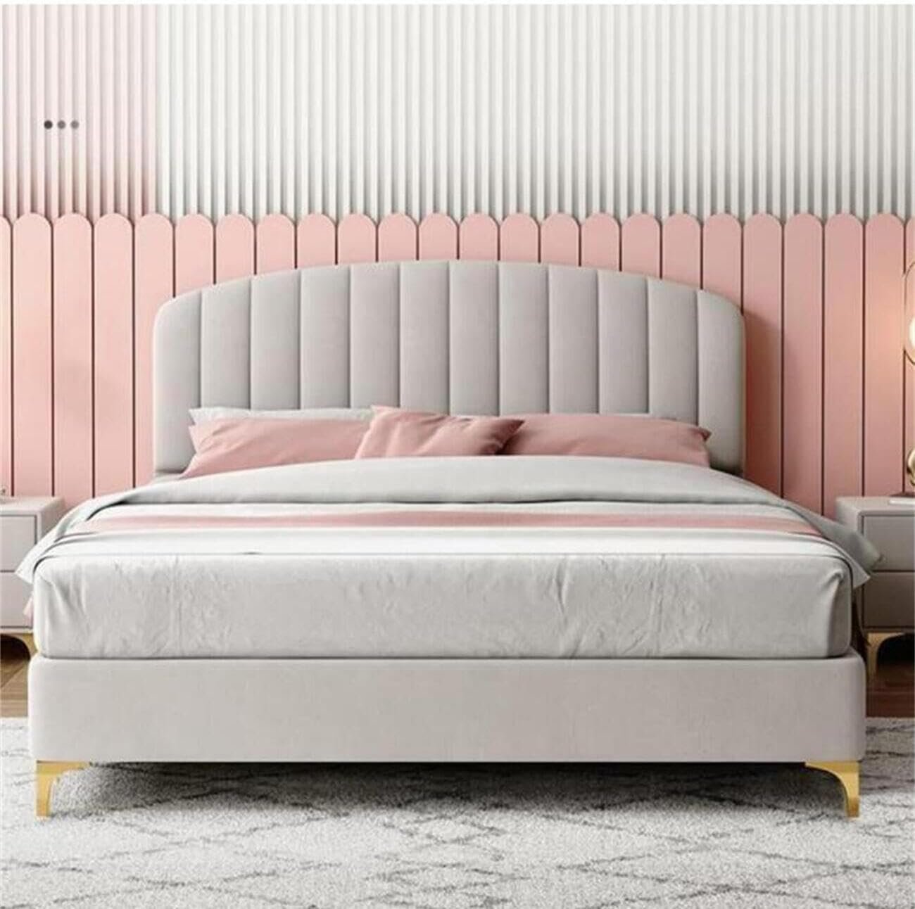 Luxury Luxe Modern Velvet King Queen Size Bed Frame with Mattress | Off-White Upholstered Platform Bed | Premium Bedroom Furniture (Bed Without Mattress (180 x 200 cm))