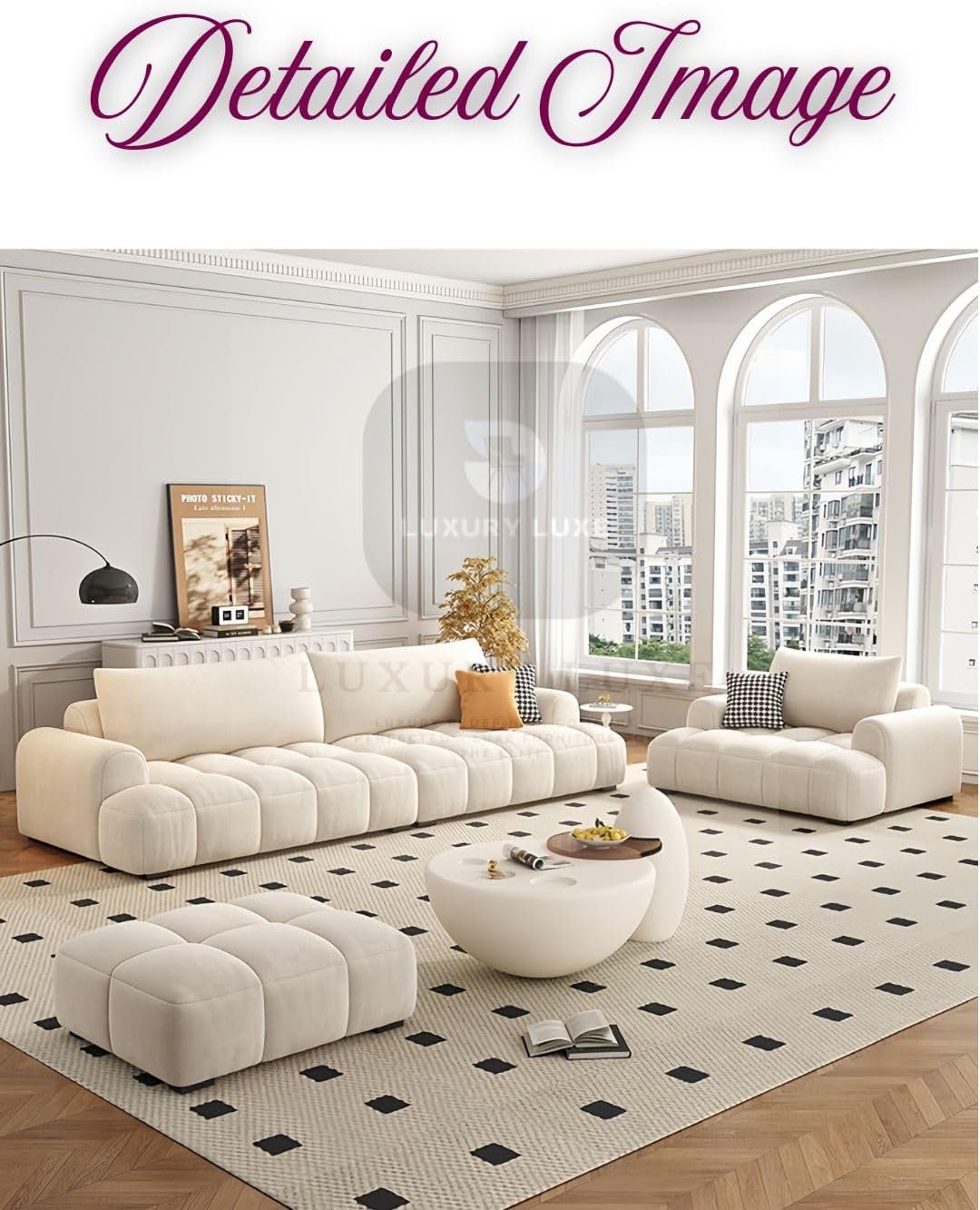 Luxury Luxe Italian Cloud Sofa Set Living Room Sofa | Light Luxury Velvet Fabric + Eco-Friendly Multiple Sizes & Colors Options | Free Ottoman Included (Off-White, Three Seater: 240 cm) - Image 8