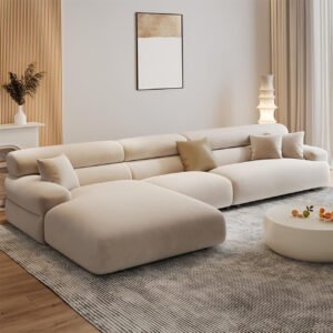 Luxury Luxe Beige Velvet Modular Sofa Set - Overstuffed Multifunction Couch with Footstool, L-Shaped 5 Seater Sectional for Living Room & Office (Left Corner, L Shape Only)