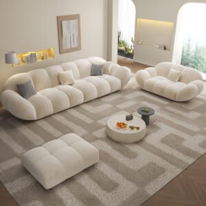 Luxury Luxe 3 Seater Italian Leisure Modular Sectional Sofa Set: Tufty Cloud Shaped, Off-White Light Luxury Fabric Sofa for Living Room with free Fabric Cleaner (Single Seater 120 cm + Footstool)