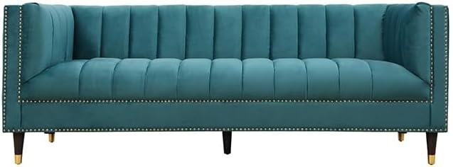 Luxury Luxe Velvet Chesterfield Sofa - 3-Seater Tuxedo Tufted Channel Back Sofa, Mid-Century Modern Velvet Couch for Living Room, Apartment (High Grade Foam, Eucalyptus Frame) (Green)