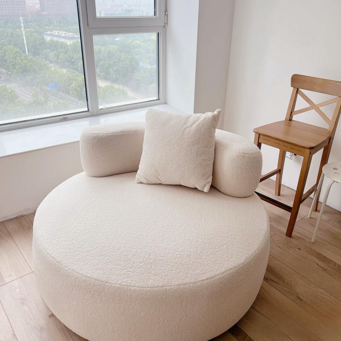 Luxury Luxe 360° Swivel Overstuffed Fleece Sofa Chair | Beige | 80-140cm for Living Room & Office | Solid Wood Frame (Without Swivel Chair, Chair : W100 x L100 x H75CM)