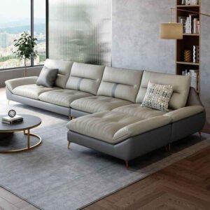 LUXURY LUXE Glam Tufted Faux Leather Sectional Sofa – White L-Shaped Chaise, Gold Brass Legs, 3-Piece Set for Living Room (Grey, Right L Shape)