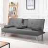 LUXURY LUXE Strandom 2-Seater Futon Sofa Bed Adjustable Backrest, Hidden Cup Holders | Grey Faux Leather, Solid Wood & Stainless Steel | Space-Saving Multi-Room Sleeper