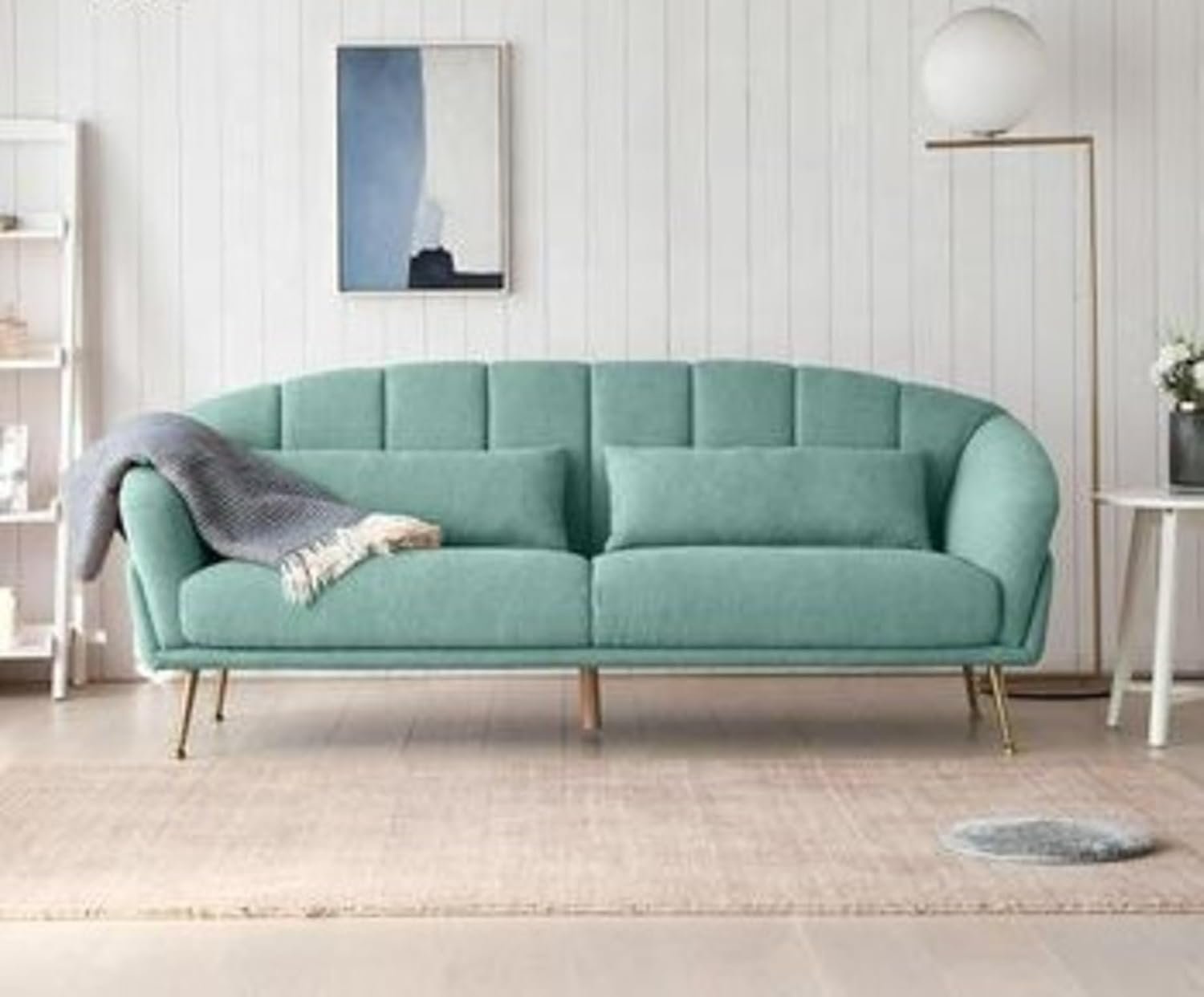 Luxury Luxe Curved Back 3-Seater Sofa: Rose Pink & Green Velvet with Gold Legs – Nordic French Modern Canapé for Living Room, Bedroom, Hotel (Light Green)