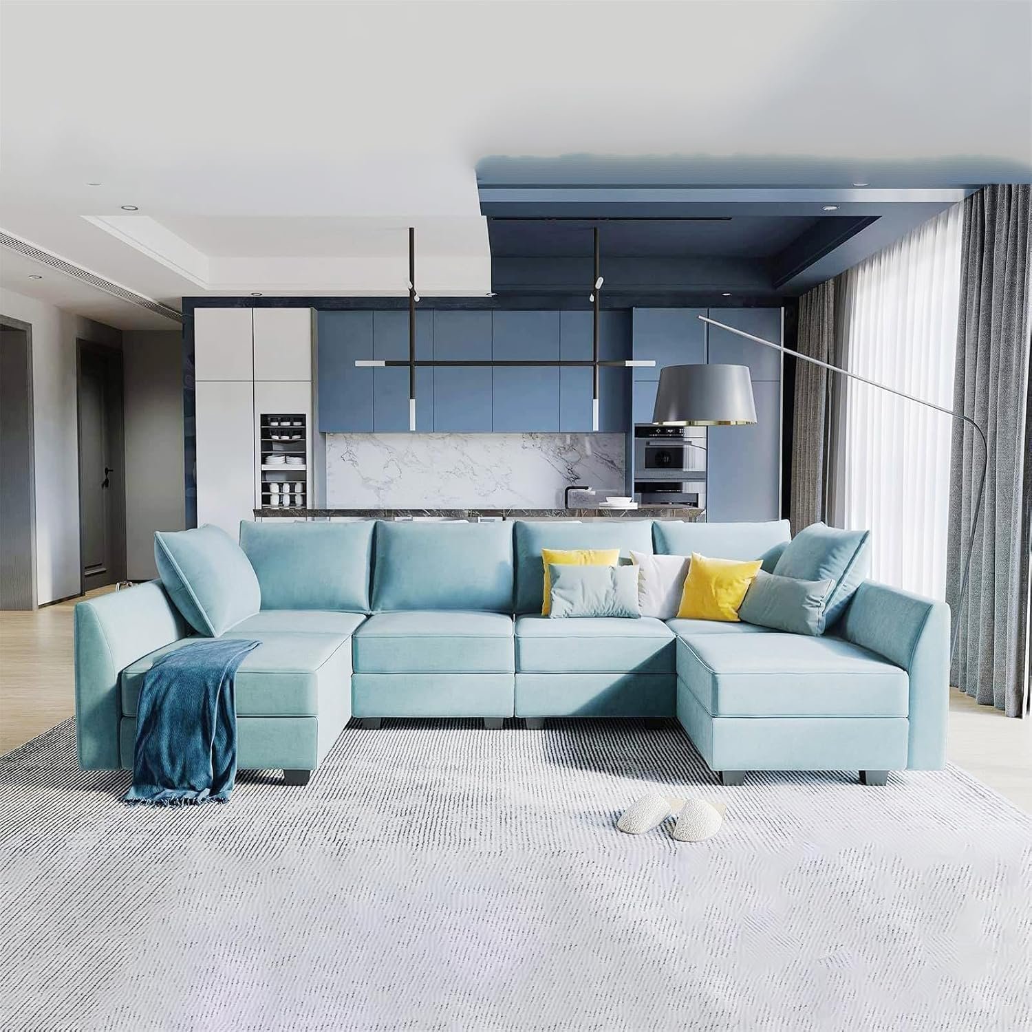 Karnak Avril Sectional Sofa Couch Modern Design Design Polyester Sofa Couch For Living Room Color (Sky Blue - 6 Seater)