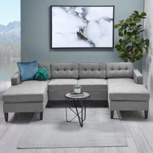 Karnak Nelson Modular Velvet Upholstery 2 seater Sofa Couch & 2 Chaises Modern Design Design Sofa Couch with Natural Wood Frame and Comfortable couch for Living Room (Grey)