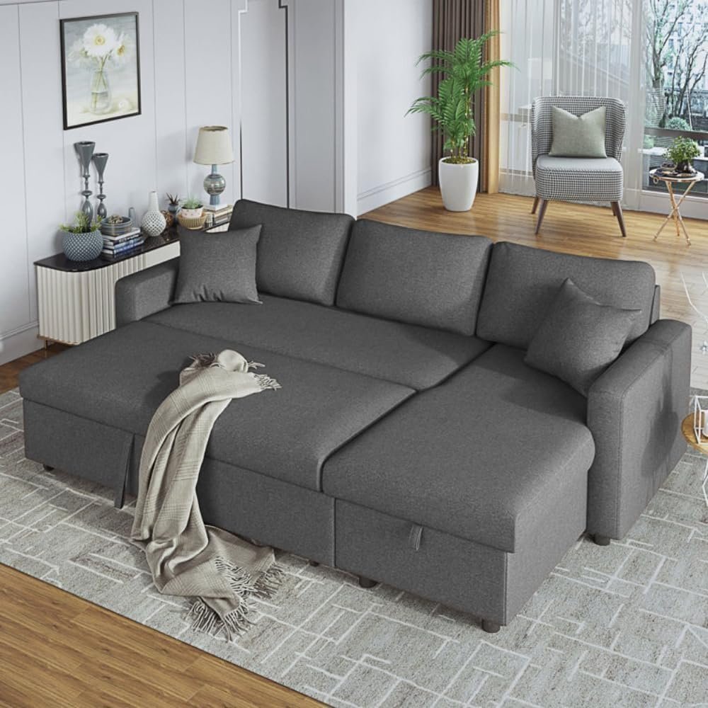 Karnak Hunter 3-Seater Fabric Upholstery Corner Sofa Couch Cum Bed L-Shaped Storage Space Convertible Living Room Furniture (Grey)