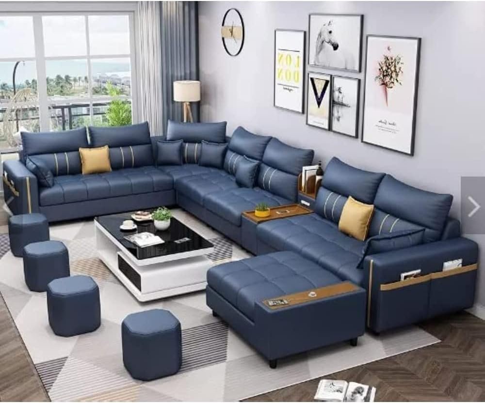 Karnak Sectional Sofa Couch | Modern Corner Sofa Set for Living Room | Faux Leather Upholstered Sofa with Solid Wood Frame | Dark Blue Sofa Couch