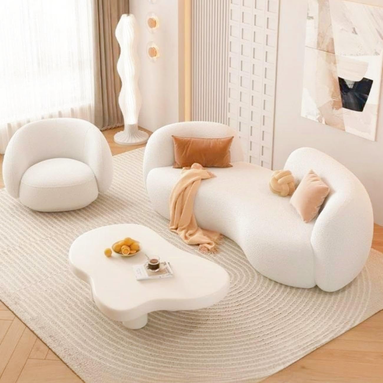 Karnak Home 1PCS Fleece Fabric Upholstery Overstuffed Comfortable Multifunction Arc-shaped Sofa Couch set, Wood Furniture for Home living, Bedroom, Office With Pillow - (Beige, Three seats 200cm) - Image 3