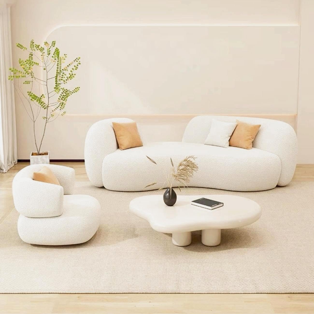 Karnak Home 1PCS Fleece Fabric Upholstery Overstuffed Comfortable Multifunction Arc-shaped Sofa Couch set, Wood Furniture for Home living, Bedroom, Office With Pillow - (Beige, Three seats 200cm) - Image 4